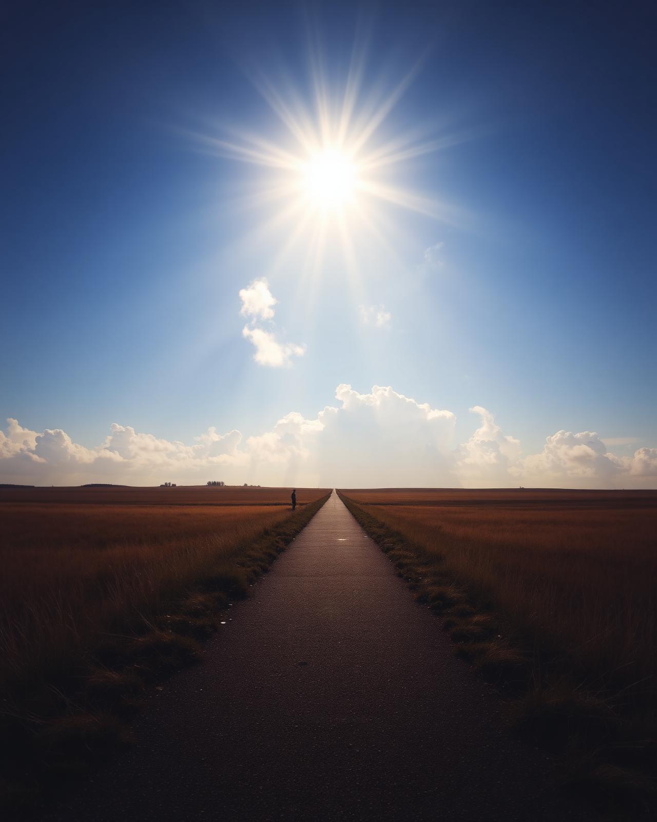 Caminho iluminado em direção ao céu, símbolo de paz e despedida serena